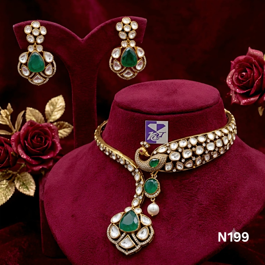 Neepa Jewells Handcrafted Peacock Motif Polki Kundan Necklace Set (N199)
