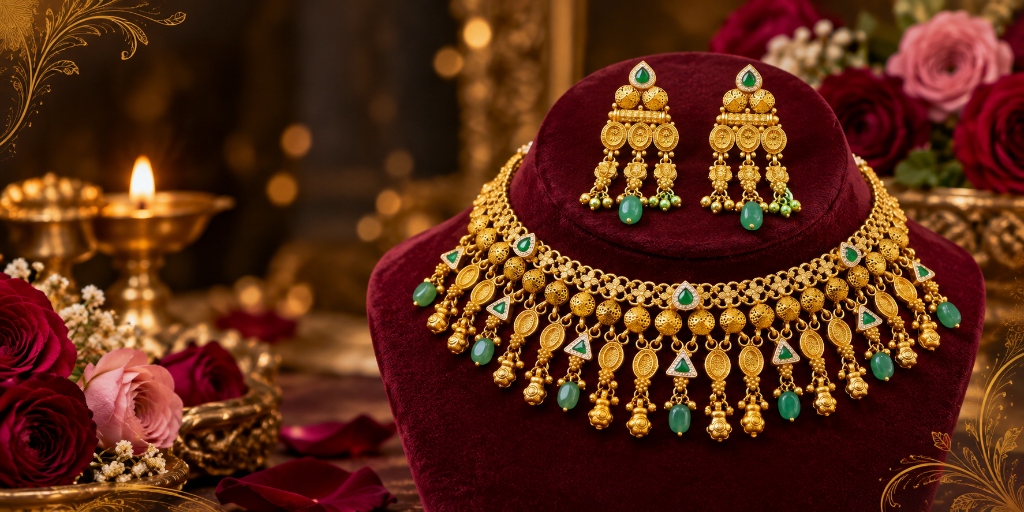 Handcrafted Antique Gold Polish Choker Set with Swarovski Crystal Accents