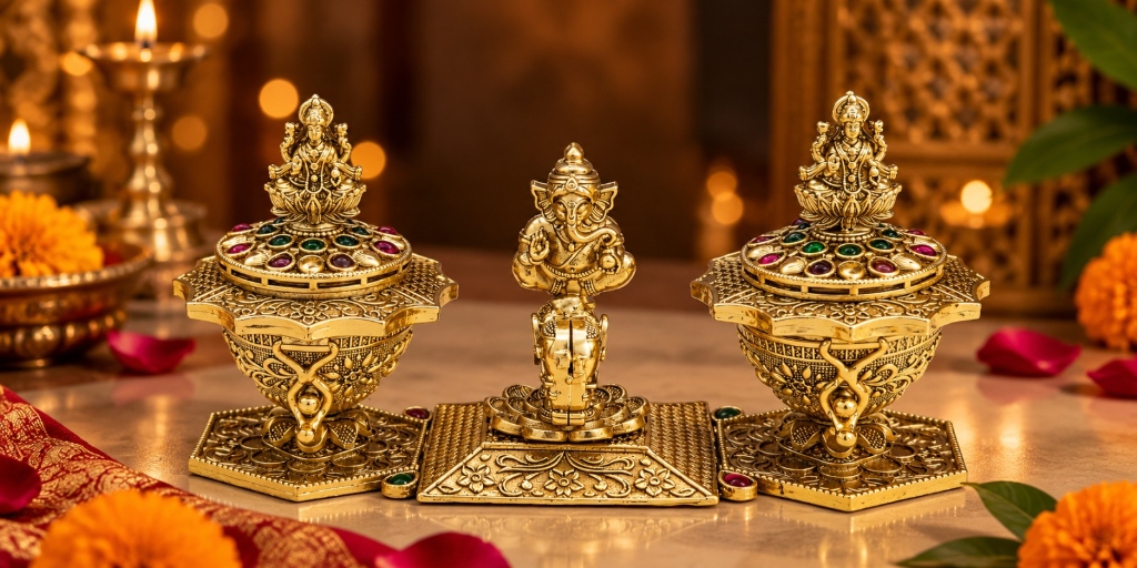 Handcrafted Brass Sindoor Boxes with Lakshmi and Ganesha Craftsmanship