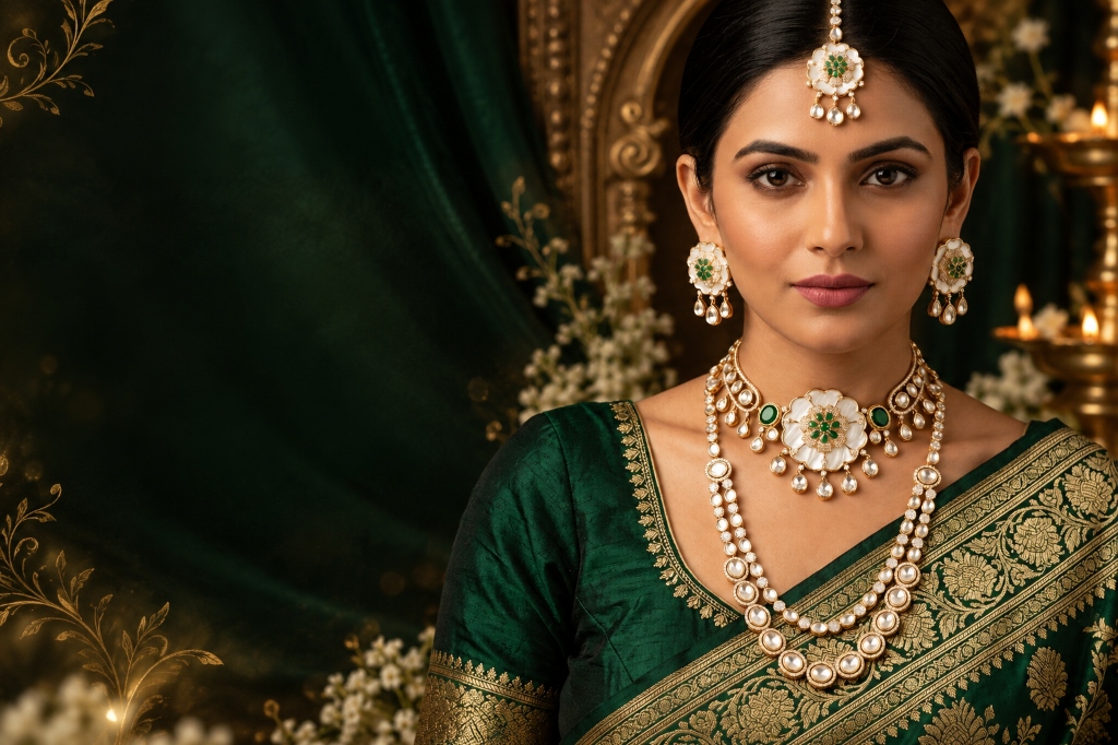 Mother of Pearl and CZ Kundan Polki Choker and Long Necklace Combo